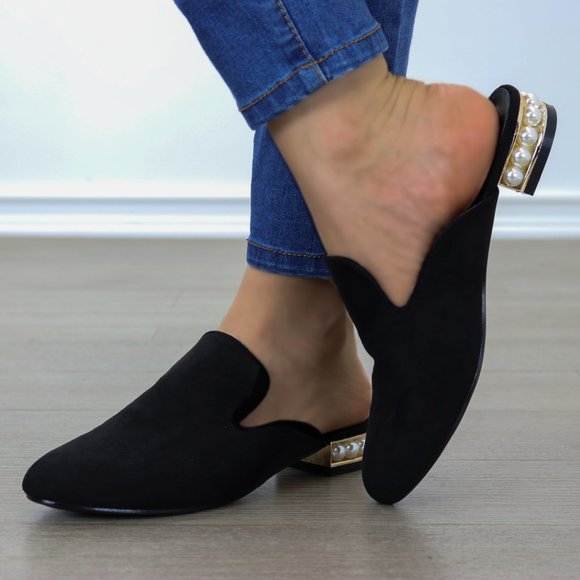 Suede Slip On Loafer Mule Pearl Accents on Heel - Picture 2 of 13